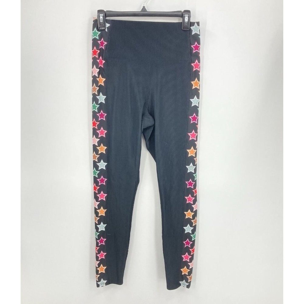 Beach Riot Sport High Rise Leggings Black Ribbed Rainbow Stars Womens XL